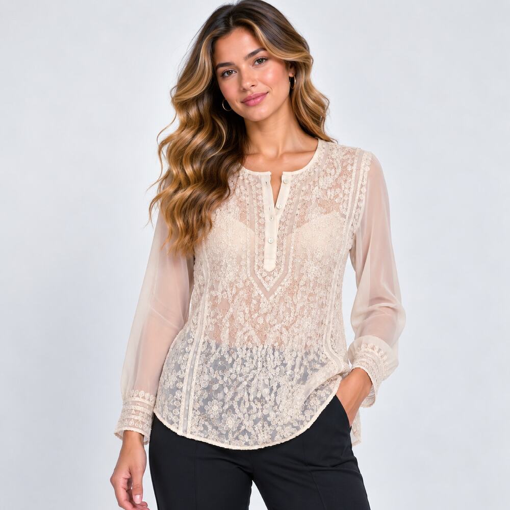 Daisy Fuentes Moda Chiffon Top Women's Size S Sequin Embroidered Sheer Floral